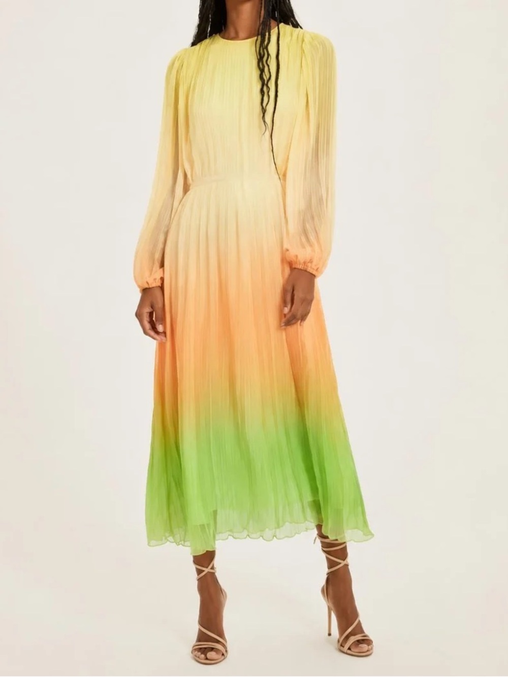 Something Navy Ombré Pleated Balloon Sleeve Midi Belted Dress